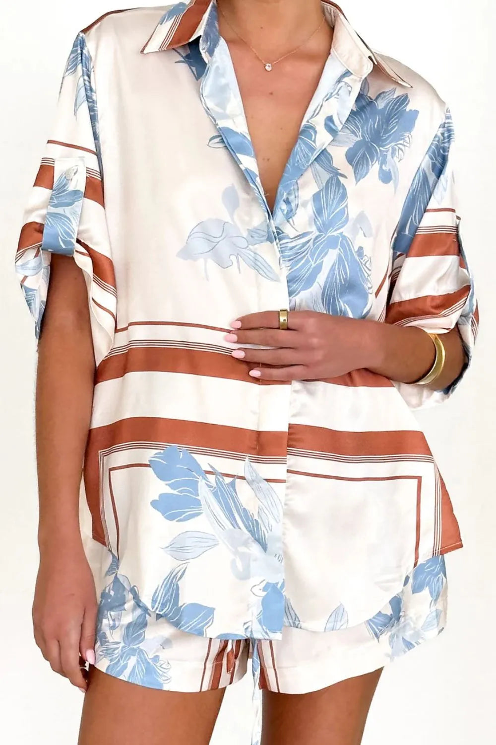 Printed Collared Neck Top and Shorts Set