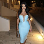 Sparkling Rhinestones Edging Sexy V-neck Tube Top Blue Bandage One-piece Dress aclosy