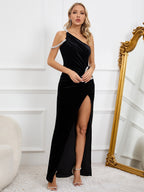 Women's One-shoulder Sleeveless Asymmetric Rhinestone Dress aclosy