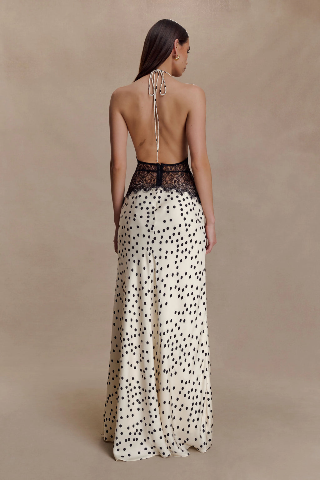 Aesha Backless Halter Dress with Deep V Neck, Satin Patchwork
