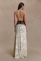 Aesha Backless Halter Dress with Deep V Neck, Satin Patchwork