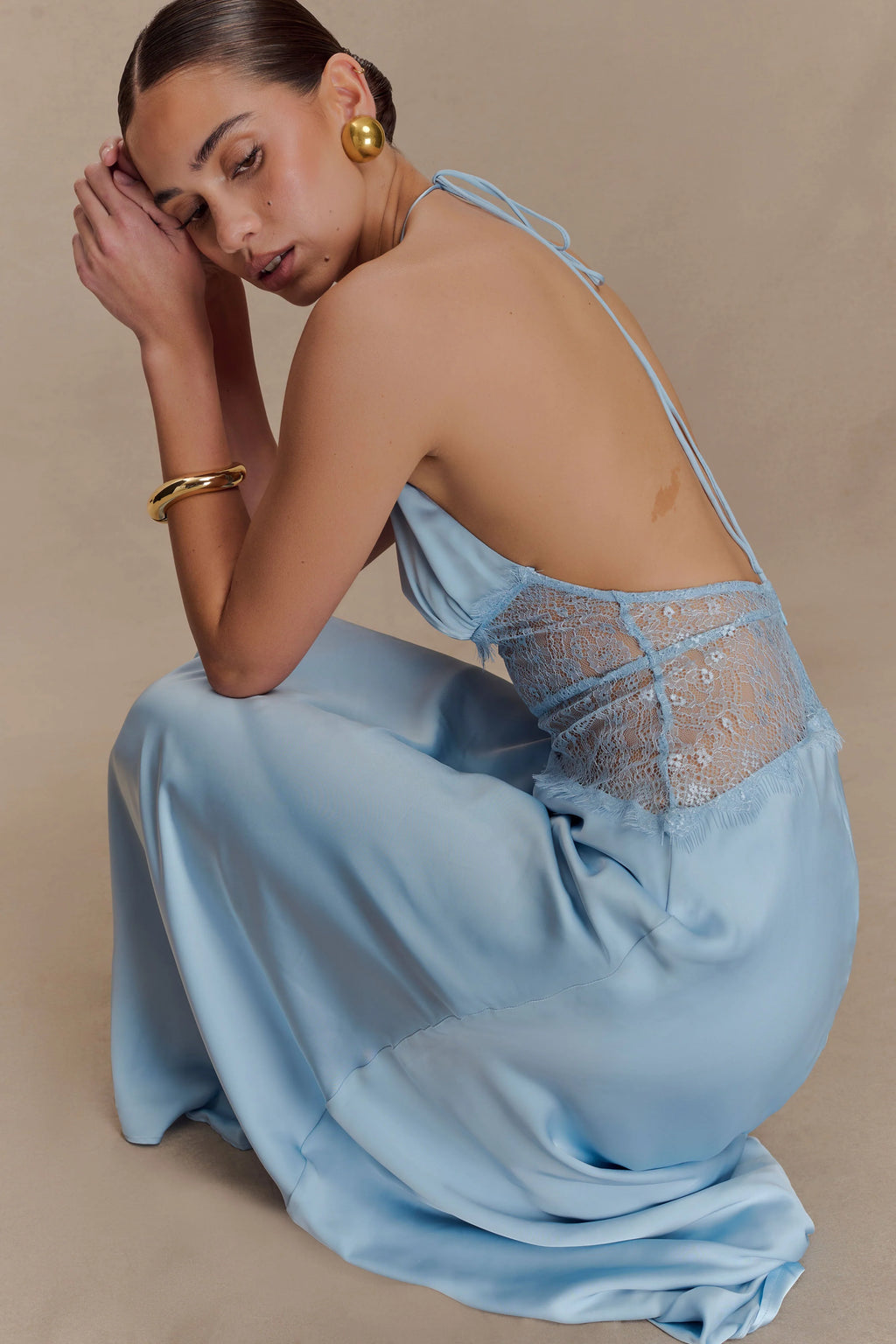 Aesha Backless Halter Dress with Deep V Neck, Satin Patchwork