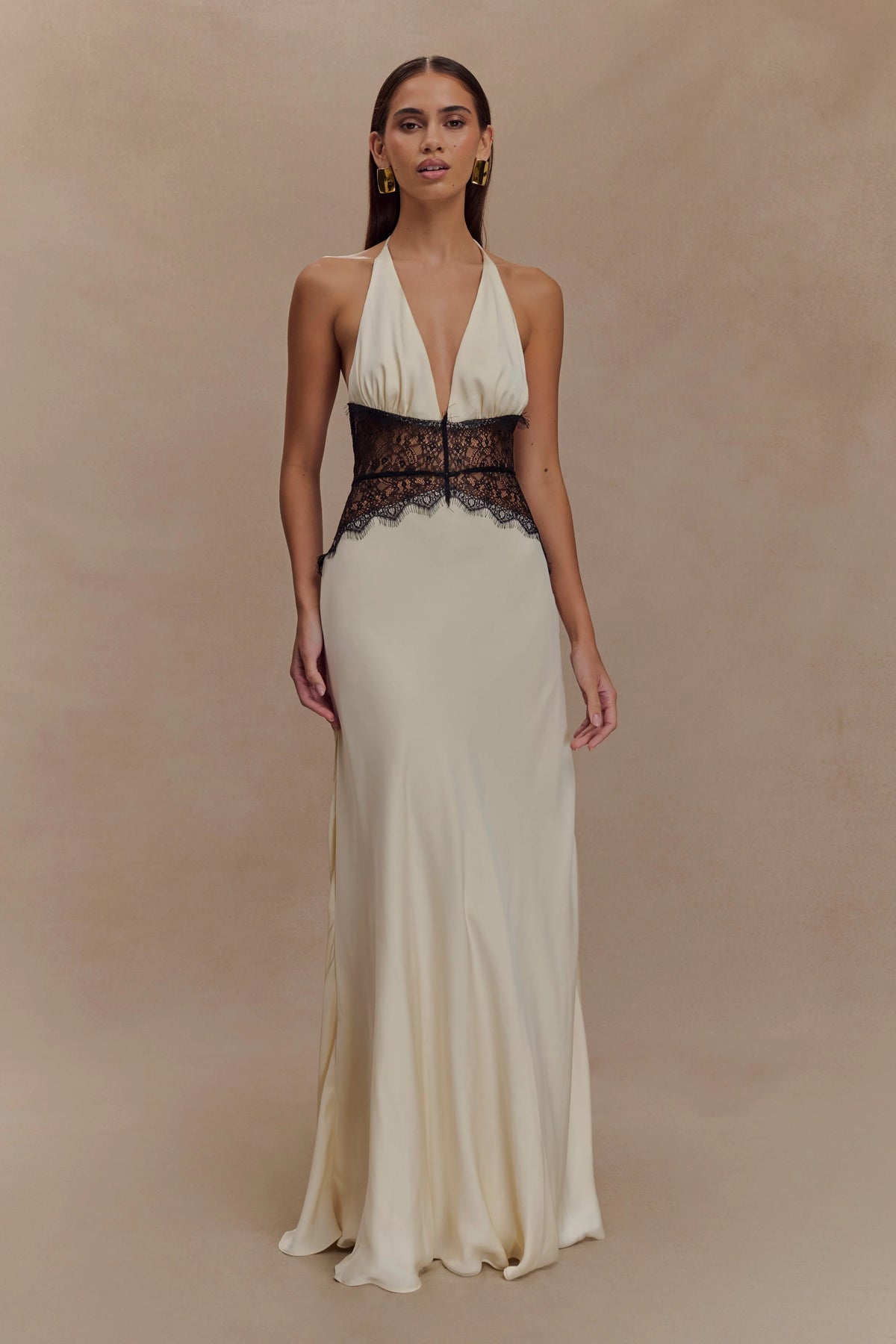 Aesha Backless Halter Dress with Deep V Neck, Satin Patchwork