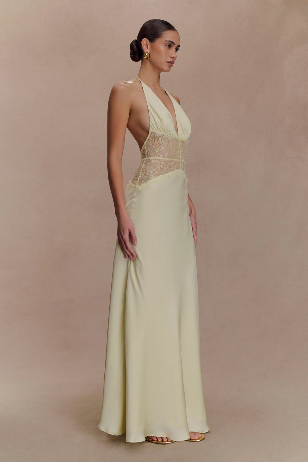Aesha Backless Halter Dress with Deep V Neck, Satin Patchwork