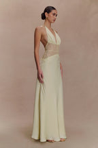 Aesha Backless Halter Dress with Deep V Neck, Satin Patchwork