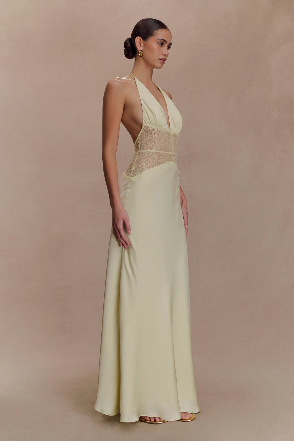 Aesha Backless Halter Dress with Deep V Neck, Satin Patchwork