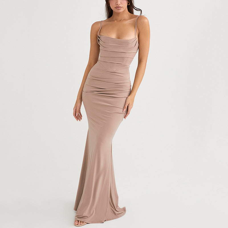 ALANA FISHBONE BACKLESS EVENING MAXI DRESS