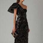 Women's One-shoulder Bow Sequined Sheath Dress Aclosy