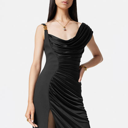 Elegant Black Satin Socialite Style Irregular Dress