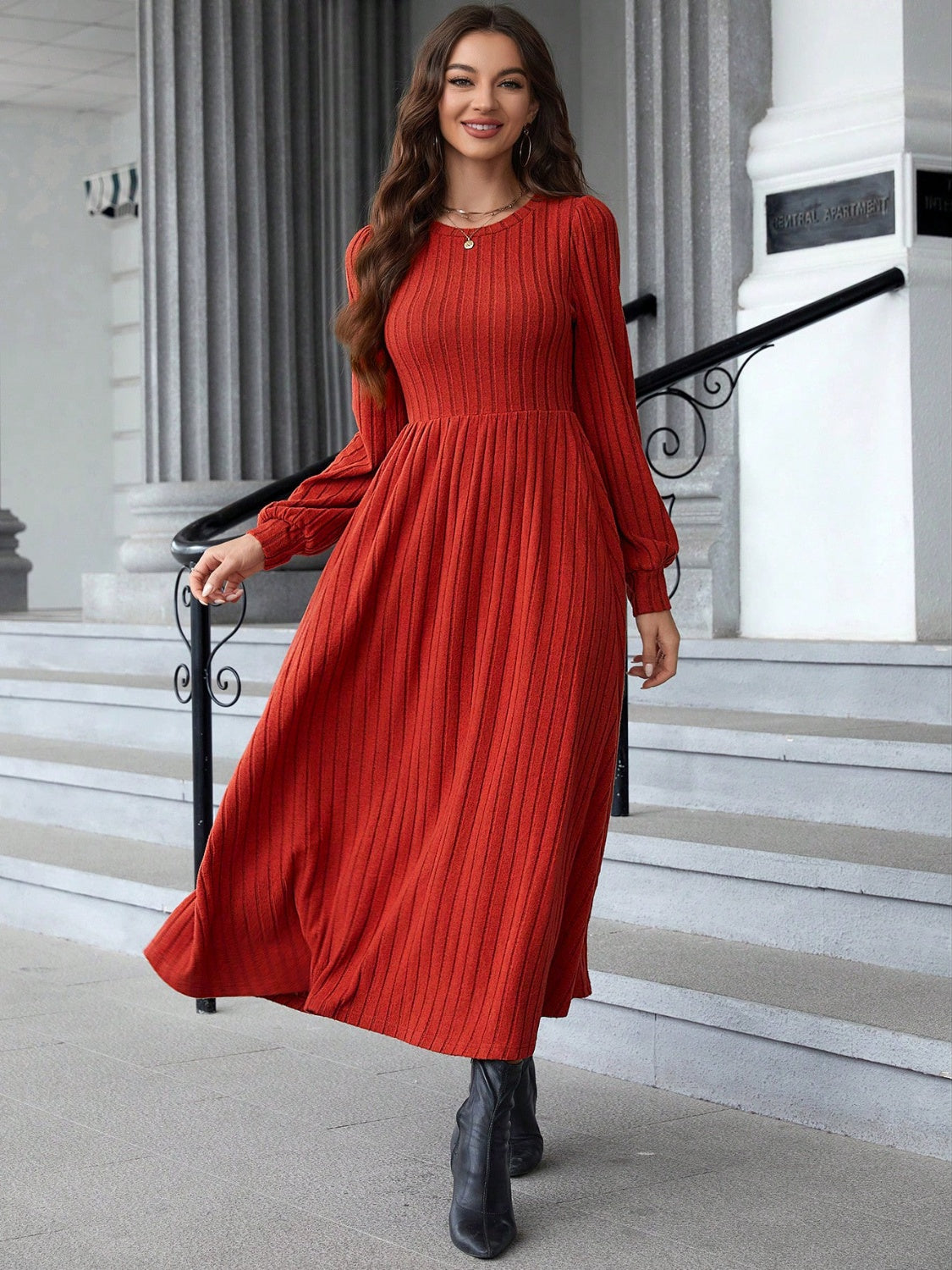 Ribbed Round Neck Long Sleeve Dress Trendsi