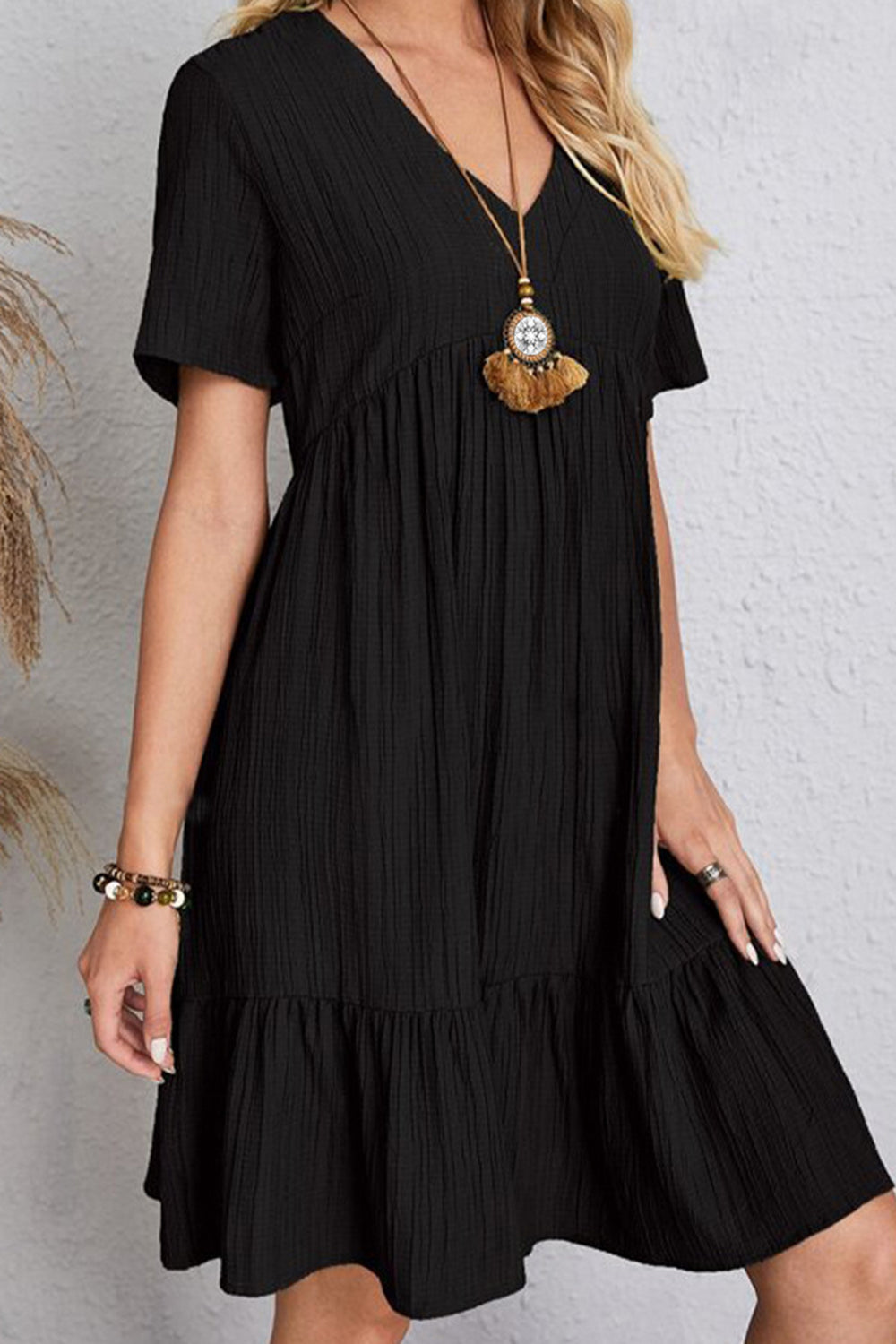 Full Size Ruched V-Neck Short Sleeve Dress Trendsi