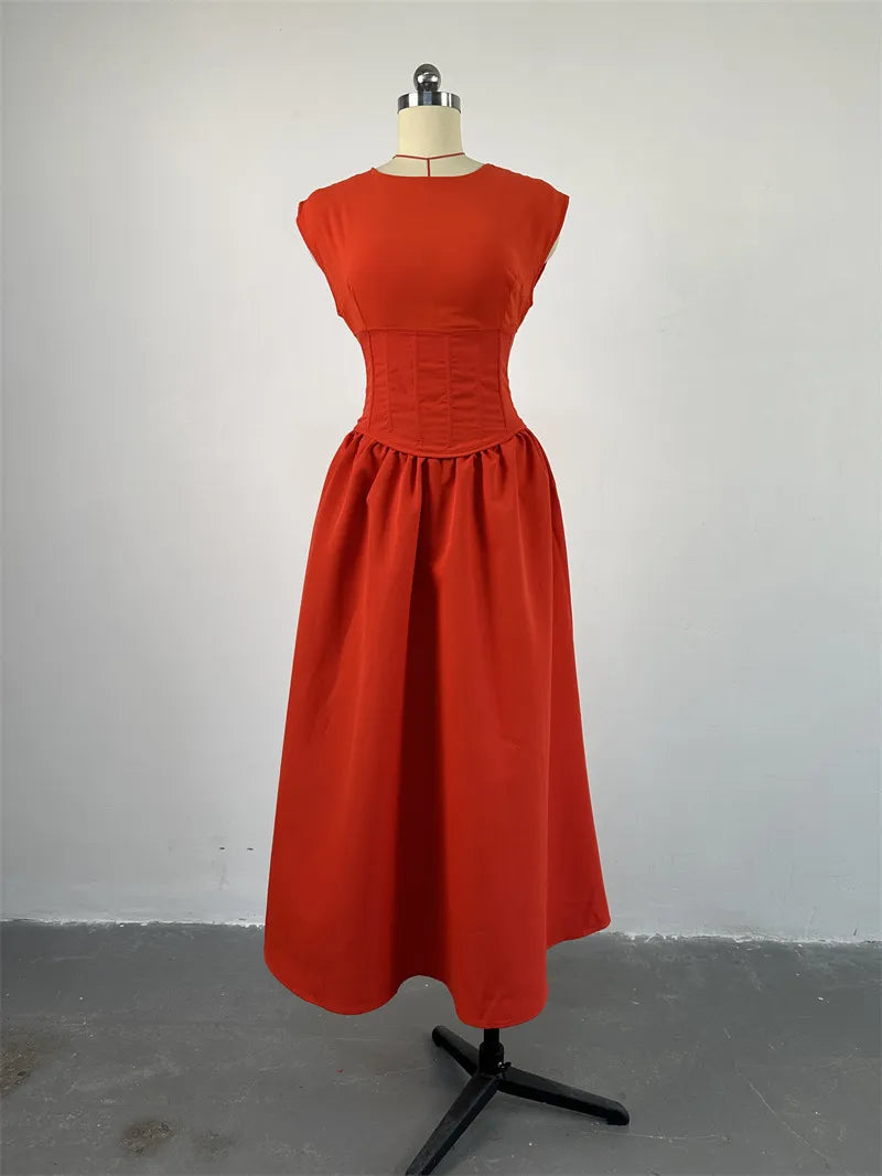 Halter Neck Cinched High Waist Fishbone A-line Skirt