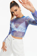 Women's Round Neck Exposed Navel Long -sleeved Mesh Printed Tops aclosy