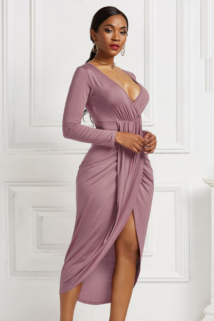 High-low Ruched Surplice Long Sleeve Dress Trendsi