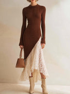 Sienna lace hem mock neck knit dress in brown - front view