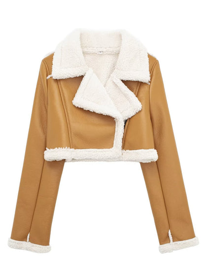 Collared Neck Long Sleeve Plush Cropped Jacket Trendsi