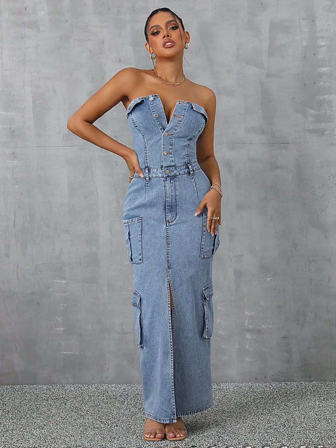 Slit Half Button Tube Denim Dress Trendsi