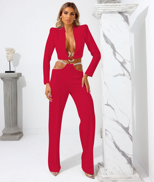 Women's Fashion Casual Suit Chain Belt Trousers Two Piece Set Aclosy