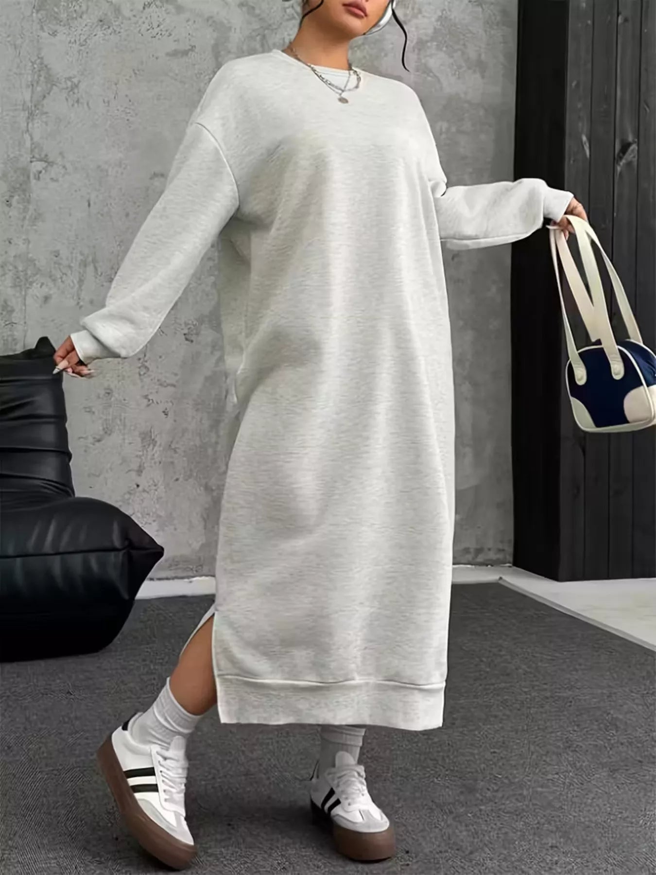 plus size long sleeve sweatshirt dress Plus Size Casual Slit Long Sleeve Sweatshirt Dress – Aclosy