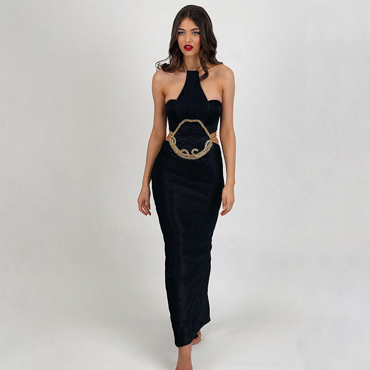 Women's Graceful And Fashionable Sunken Stripe Chain Halter Lace-up Sleeveless Dress aclosy