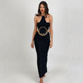 Women's Graceful And Fashionable Sunken Stripe Chain Halter Lace-up Sleeveless Dress aclosy