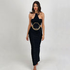 Women's Graceful And Fashionable Sunken Stripe Chain Halter Lace-up Sleeveless Dress aclosy