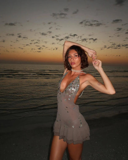 Halter Sequin Vacation Style Backless Dress