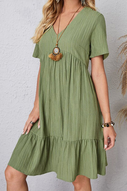 Full Size Ruched V-Neck Short Sleeve Dress Trendsi