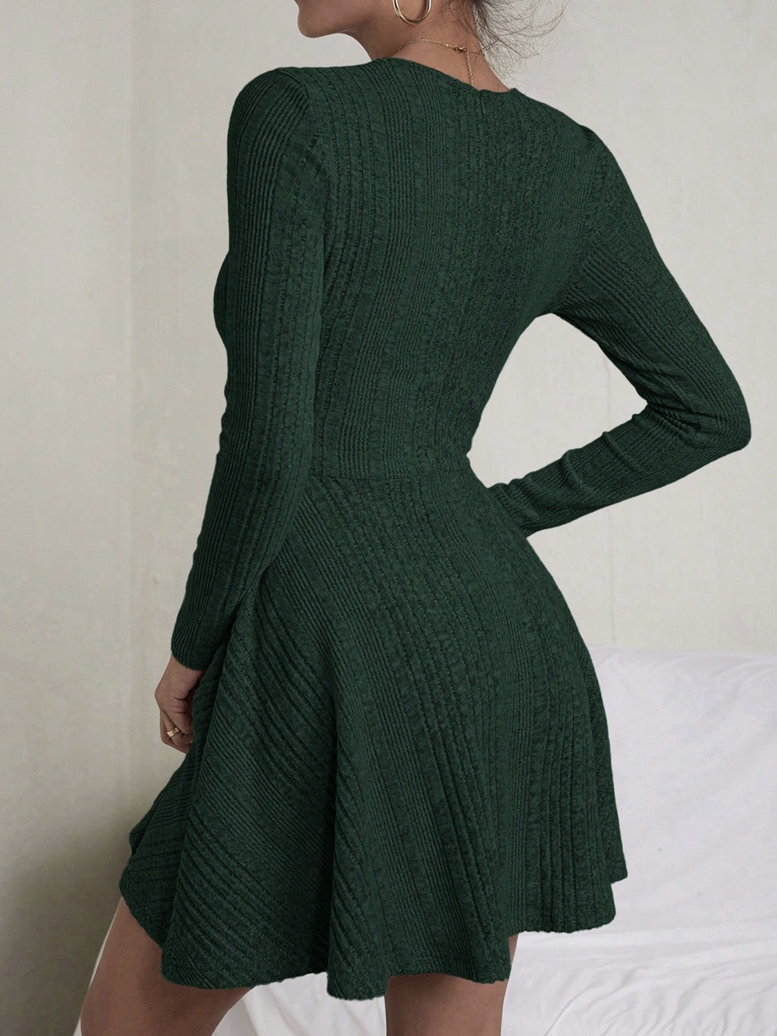 Textured Round Neck Long Sleeve Dress Trendsi