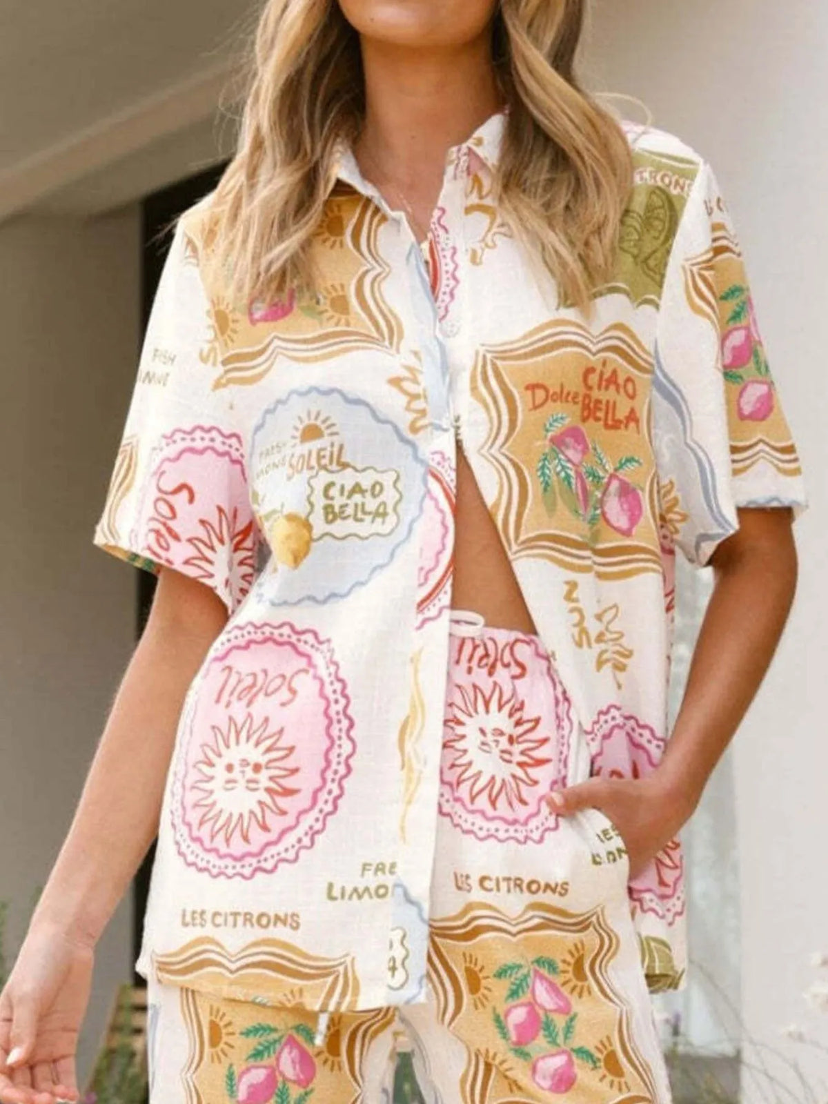 Printed Button Up Shirt and Pants Set