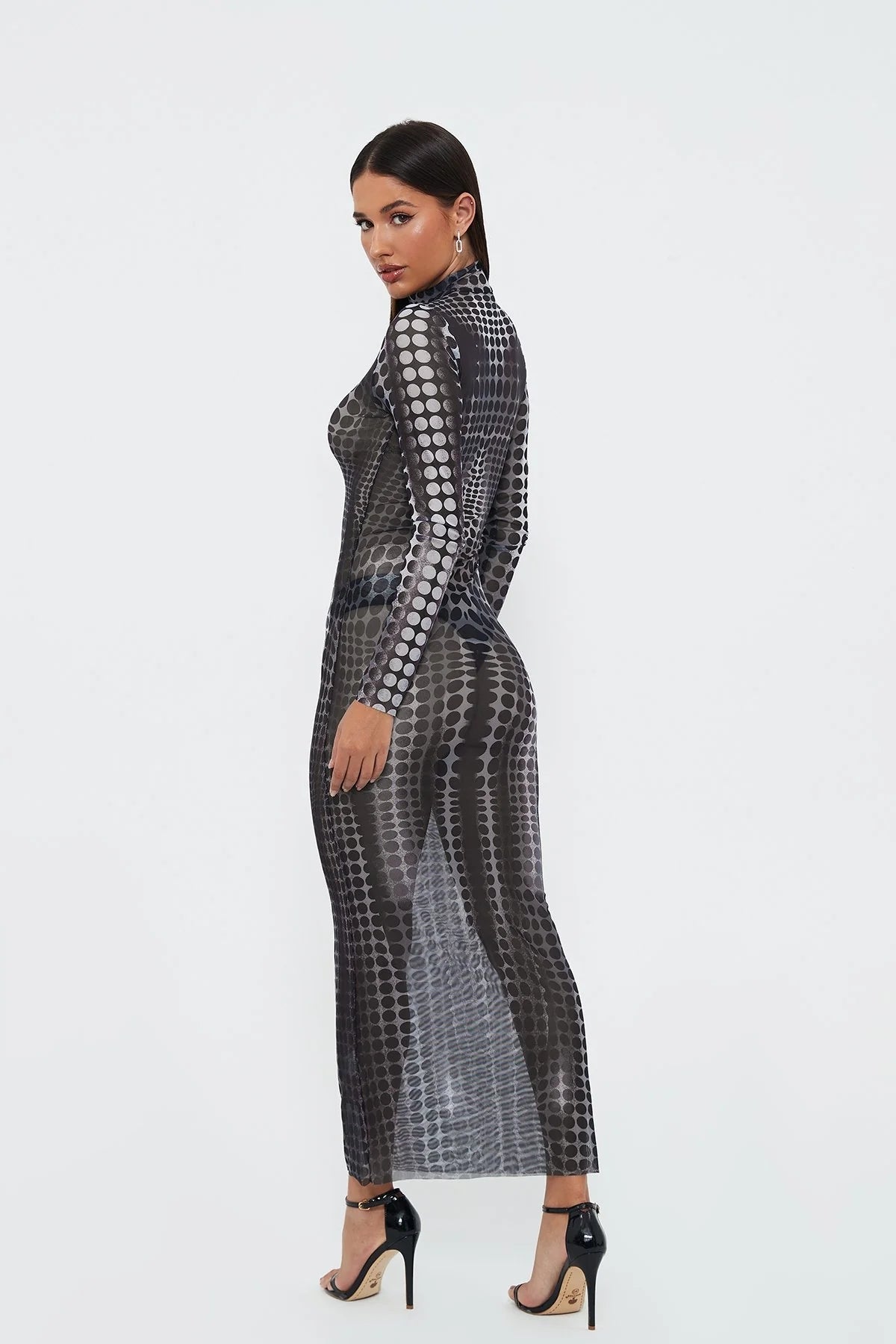 2023 Women's New Sexy See -through Mesh Printed High -waist Slim Long Dress aclosy