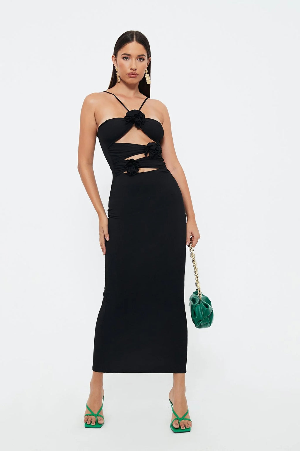 Flower Hollow Slim -fitting Neck Mid -length Suspender Dress aclosy