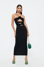 Flower Hollow Slim -fitting Neck Mid -length Suspender Dress aclosy