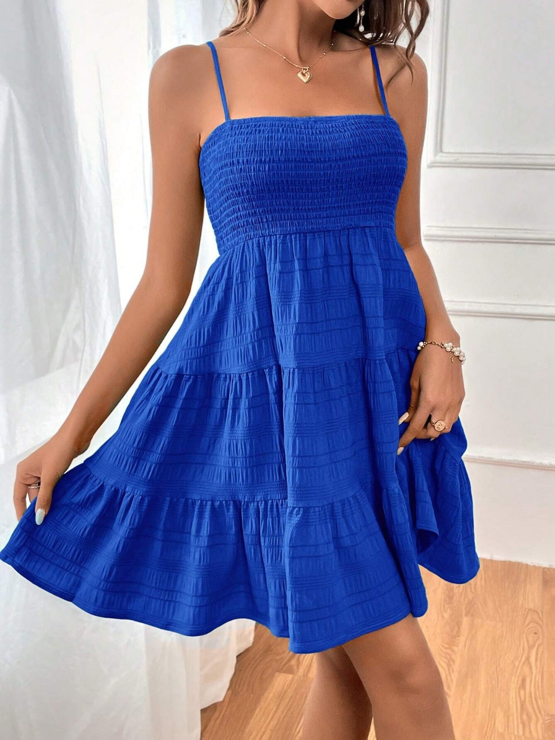 Smocked Tiered Sleeveless Mini Dress Trendsi