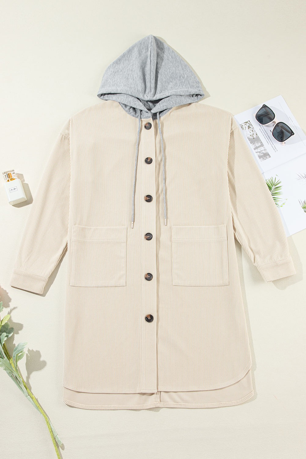 Drawstring Button Up Long Sleeve Hooded Jacket Trendsi