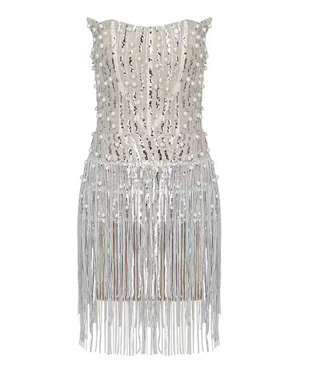 Beaded Silver Paillette Tassel Tube Top Dress Aclosy