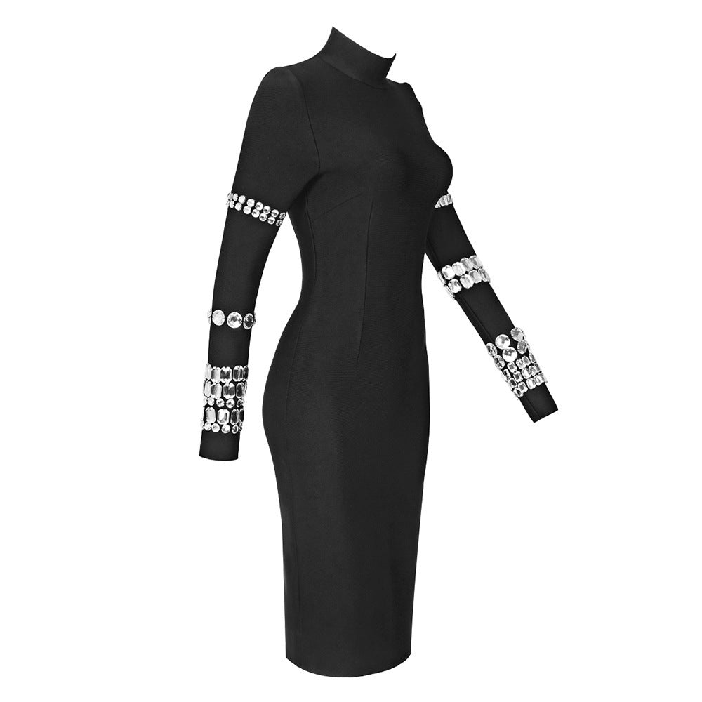 Black Mid-length High Neck Bandage Dress Dress aclosy