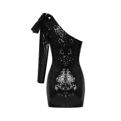 Women's One Shoulder Long Sleeve V-neck Cut-out Sequin Wrap Dress Aclosy