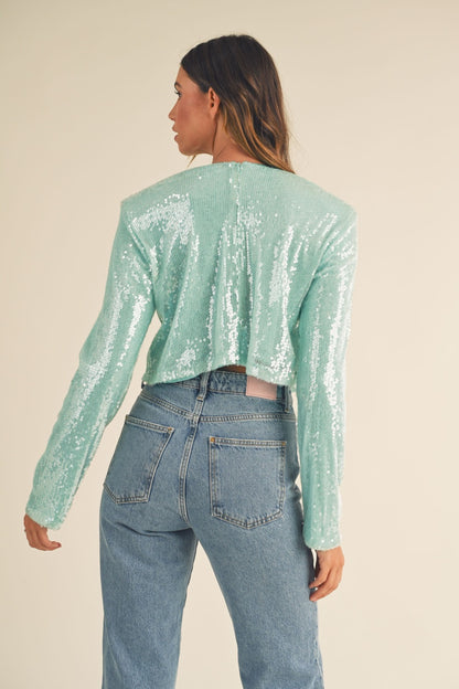 MABLE Shoulder Padded Sequin Crop Top Trendsi