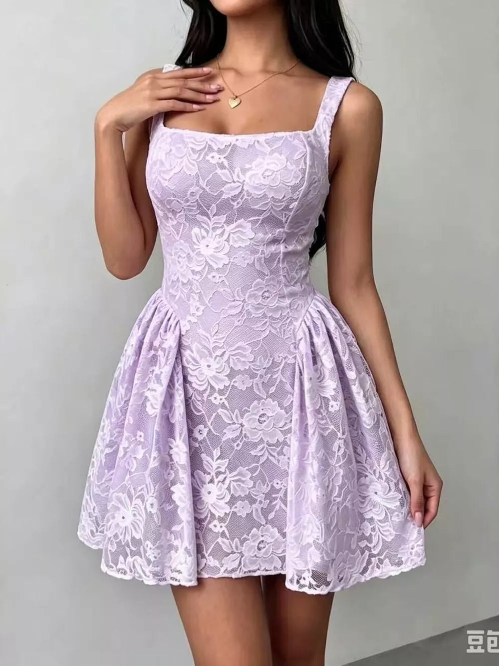 Lila floral lace square-neck mini dress