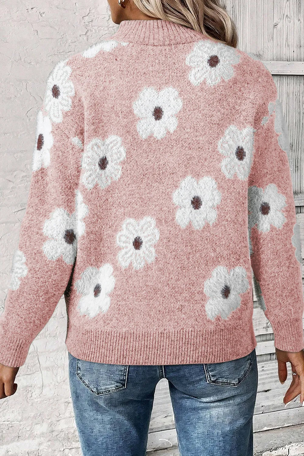 Flower Half Zip Long Sleeve Sweater Trendsi