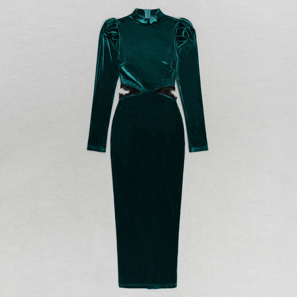 Bubble Long Sleeve Hollow Velvet Dress aclosy