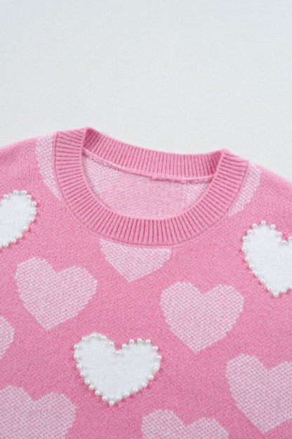 Pearl Trim Heart Round Neck Long Sleeve Sweater Trendsi