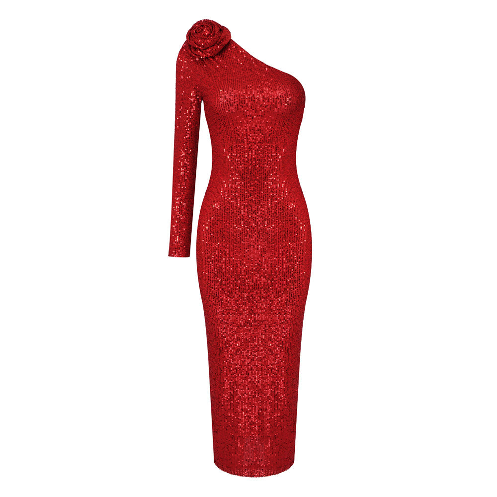 Elegant High-end Dress Rose Red Sequined Evening Dress Female New Year Battle Gown Host Aclosy