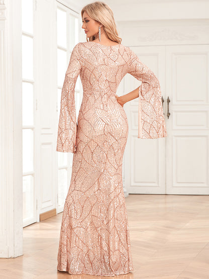 Women's Fashionable Casual V-Neck Slit Long Sleeve Evening Dress aclosy