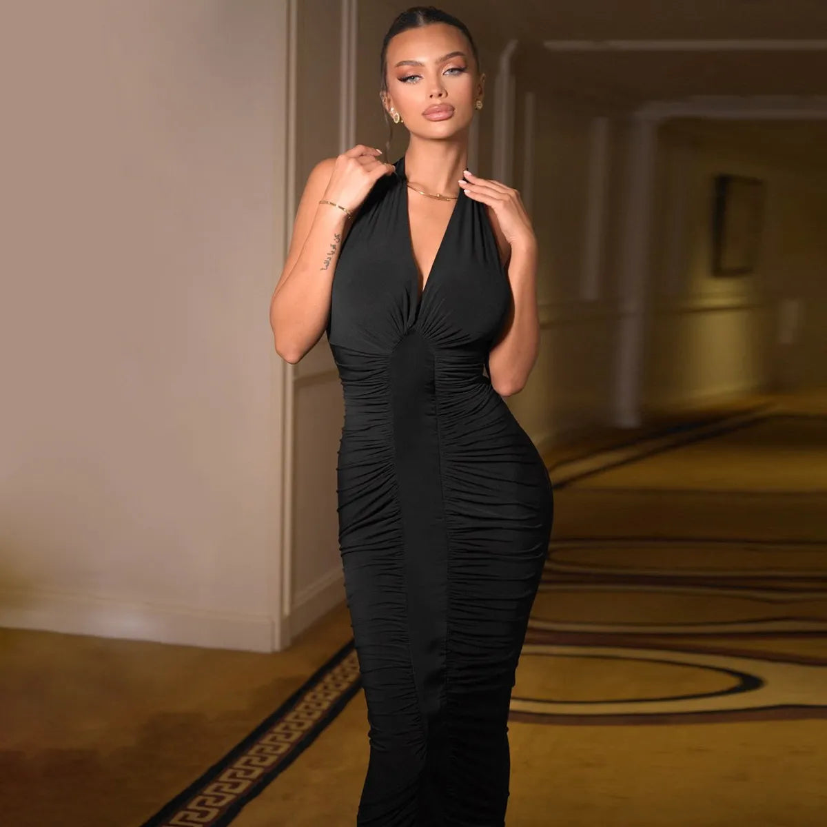 ELLA MESH V NECK MAXI DRESS-BLACK