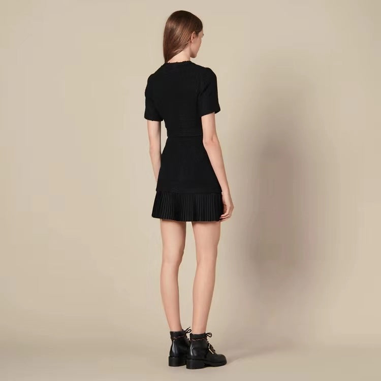 Fragrant Wind Woolen Pleated Stitching Skirt Short-sleeved Black Dress Aclosy