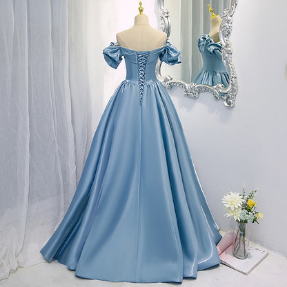 Women's Blue Satin Long French One-shoulder Costume Aclosy