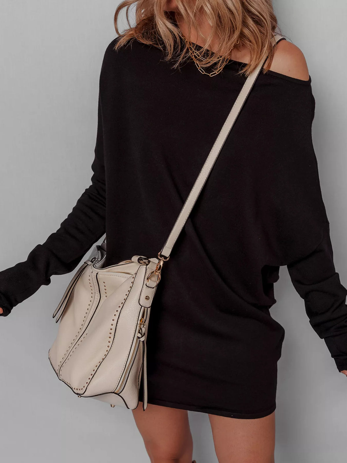 Asymmetric Neck Batwing Sleeve Shift Mini Sweater Dress