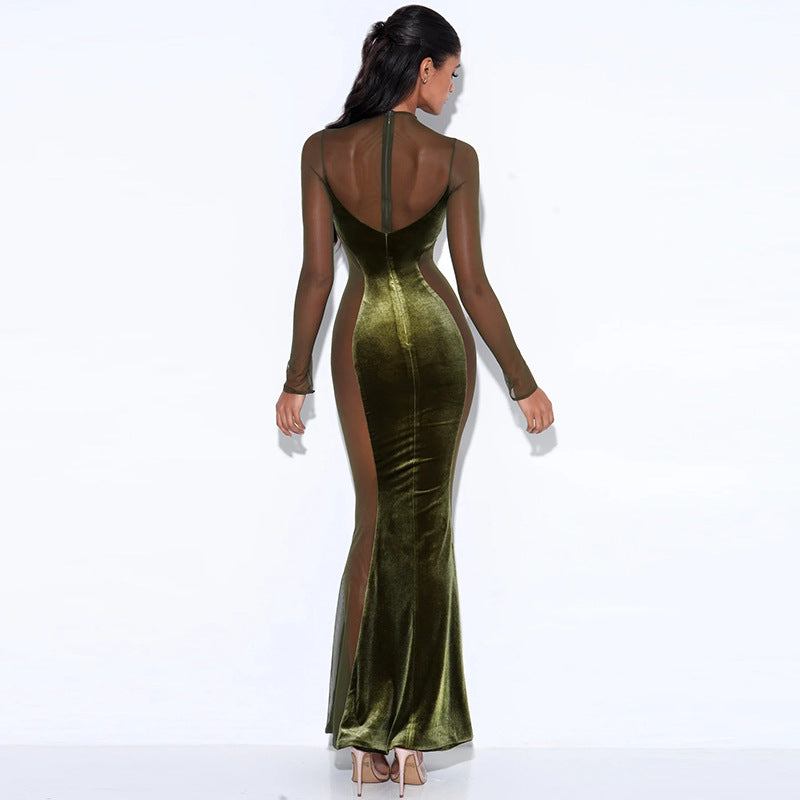 Sexy Hollow See Through Dress Autumn New Hot Long-sleeved Round Neck Backless Dress Aclosy